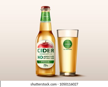 Hard apple cider mockup, beverage glass bottle with label in 3d illustration for design uses