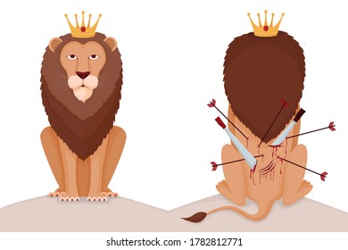 Hard to be lion king illustration. Proud animal king with crown stab in back his back pierced arrows and swords courageous character who does not recognize pain while climbing career vector ladder.