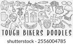 Hard Bikers Doodle Icons Black and White Line Art. Bike Rider Clipart Hand Drawn Symbol Design.