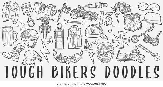 Hard Bikers Doodle Icons Black and White Line Art. Bike Rider Clipart Hand Drawn Symbol Design.