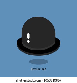 Hard black felt bowler hat on cool blue background. Light weight straw hat with wide flat brim and round top for lady, is very popular in summer time. 