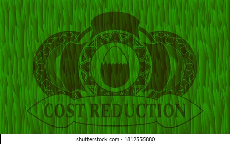 hard boiled egg icon and Cost Reduction text green pasture grass realistic badge. Eco chic background. Artistic illustration. 