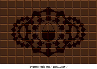 hard boiled egg icon inside chocolate bar realistic emblem. Brown fashionable background. Illustration. 
