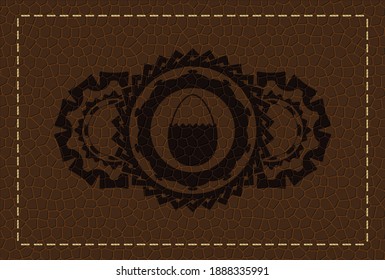 hard boiled egg icon inside brown leather realistic badge. Wallet luxurious background. Illustration. 