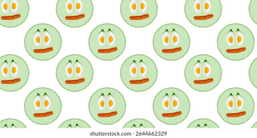 Hard Boiled egg quarters and grilled sausage with Ketchup ang Greens Cute Emoticon Seamless Pattern