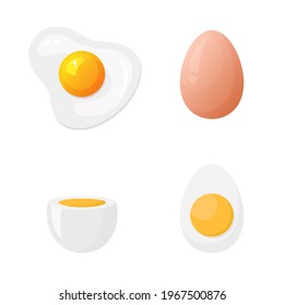 Hard Boiled Egg, Soft Boiled And Fried Egg In Flat Style. Breakfast Products Vector Stock Illustration