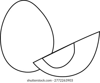 Hard boiled eggs, Black and white composition hand drawn illustration. Vector graphic line art. Whole egg and cut in half with yolk and albumen, morning snack mascot, cartoon healthy nutrition
