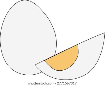 Hard boiled eggs, colored composition hand drawn illustration. Vector graphic line art. Whole egg and cut in half with yolk and albumen, side view of morning snack mascot, cartoon healthy nutrition
