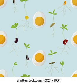 Hard boiled eggs and growing seeds - vector background