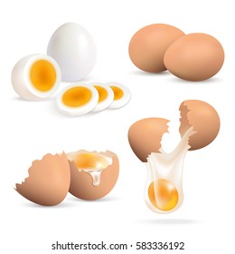 Hard boiled and raw eggs realistic set isolated on white background vector illustration