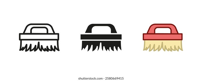 Hard bristle brush icon. Stiff scrubbing tool vector illustration. Cleaning equipment symbol. Sanitation hygiene sign. Surface washing concept.