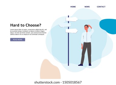 Hard to choose? Businessman standing next to crossroad signpost with three boards thinking about business decision and career path - flat cartoon landing page banner, vector illustration