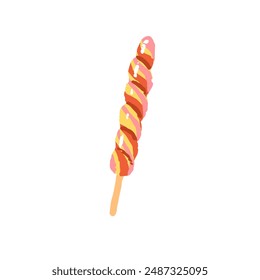 Hard candy with twisted shape on wooden stick. Sweet lollipop, fruit lolipop, lollypop. Sugar lolly, caramel, bonbon. Confectionery. Flat isolated hand drawn vector illustration on white background