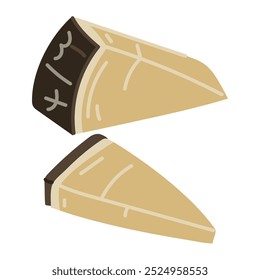Hard cheese parmesan or pecorino, cut into triangular pieces in a dark package separately, vector illustration, isolated highlighted on a white. For the menu of dairy products, cafes, restaurants