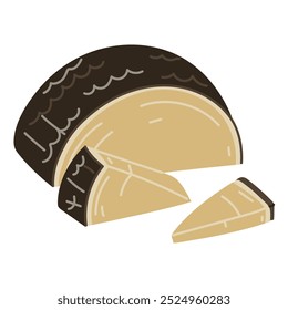 Queijo duro parmesão ou pecorino metade de um círculo com peças triangulares convenientemente fatiadas, ilustração vetorial destacado em um fundo branco. Grupo é isolado para o menu de cafés de produtos láteos