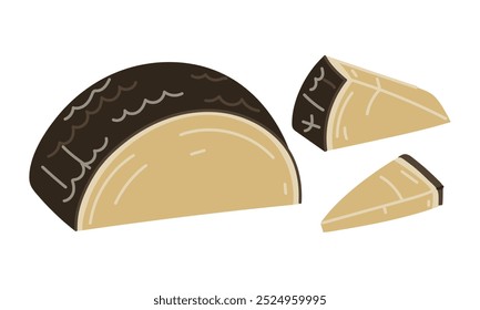 Hard cheese parmesan or pecorino Insulated set of half circle and triangular pieces conveniently sliced, vector illustration highlighted on a white background. For the menu of dairy products, cafes