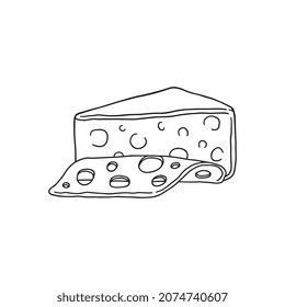 Hard cheese piece of head and slice in triangle shape, hand drawn vector illustration isolated on white background. Holland or Swiss cheese in monochrome drawing.