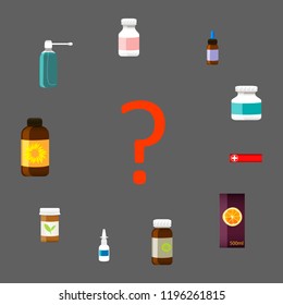 Hard choice between great variety of medicine bottles, sprays and pills.Vector illustration