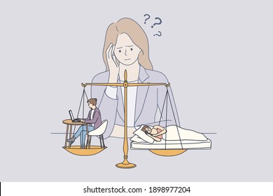 Hard choice between job and health concept. Young tired business woman trying to choose between career in office and good health and sleep trying to find balance between rest and work