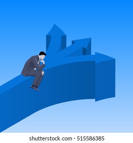Hard choice business concept. Pensive businessman in business suit sitting on the road in point where road splits in three separate paths and have to choose only one.