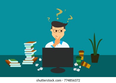 Hard choice, finding solution solve problem concept. Confused businessman working  in front of looking at computer in office, books, coffee crumpled paper on table, eps vector illustration