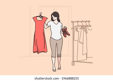 Hard choice and fitting room concept. Stylish young woman cartoon character smiling holding red dress and shoes posing in dressing room vector illustration 