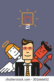 Hard choice. Illustration with a businessman between an angel and a devil.