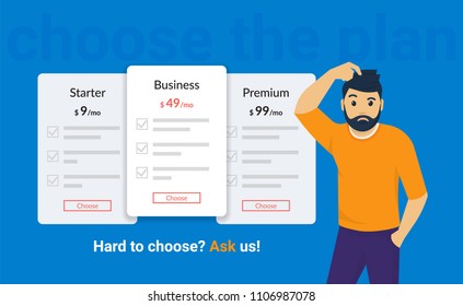 Hard to choose subscription or payment plan, ask us for help. Man standing near pricing panels and needs a help. Flat vector illustration of people who has problem choosing different types of payment