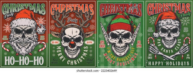 Hard Christmas set colorful vintage flyers evil Santa Claus and fairy tale characters invite to new year party vector illustration