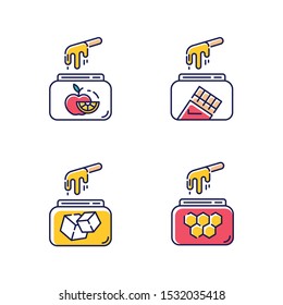 Hard cold waxing color icon. Natural fruit, sugar, honey, chocolate wax in jar with spatula. Hair removal equipment. Tools for depilation. Beauty treatment cosmetics. Isolated vector illustrations