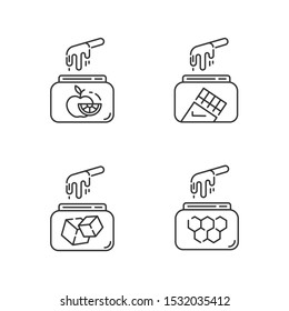 Hard cold waxing linear icons set. Natural fruit, sugar, honey, chocolate wax in jar with spatula. Hair removal. Thin line contour symbols. Isolated vector outline illustrations. Editable stroke