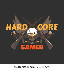 Hard core gamer logo with an eagle, wings, hand grenades, bullets and guns.
Gaming profile avatar.