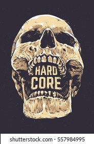 Hard Core Skull Vector Art  Detailed hand drawn illustration skull dark background and Hard Core typography  Tattoo style skull art  Grunge weathered illustration  Print design 