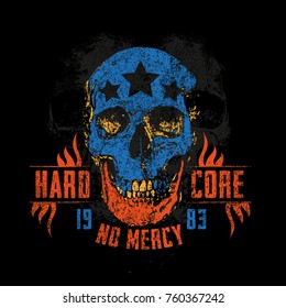 Hard Core Skull Vector Art.  Illustration of skull on dark background with Hard Core  typography.  Print design.