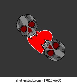 Hard Core Skull Vector Art,Skull Vector illustration with heart, flat style design concept