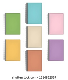 Hard cover ring binder note book A4 paper format. Pastel colors set. Vector mock-up for design.