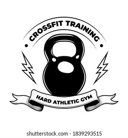 Hard crossfit badge. Fitness training vintage emblem, bodybuilder weight vintage label. Vector illustration with text for sport, weightlifting, lifestyle concepts