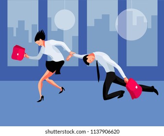 Hard day in the office. Businesswoman and businessman after hours. Teamwork, support and mutual assistance. Business concept vector illustration