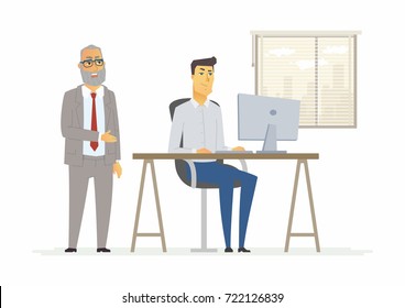 Hard day in the office - modern cartoon people characters illustration. Standing senior boss in a suit is speaking with a stressed unhappy worker sitting at the computer