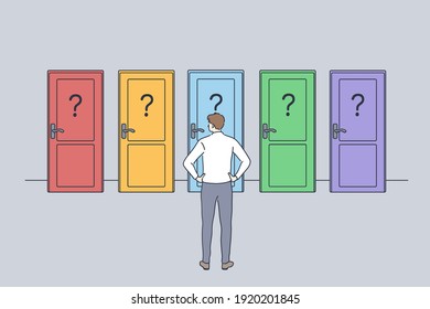 Hard decision, success or failure concept. Businessman standing backwards in front of colourful doors trying to choose one thinking of unknown future and opportunities illustration