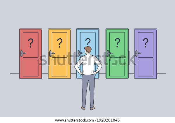 Hard\
decision, success or failure concept. Businessman standing\
backwards in front of colourful doors trying to choose one thinking\
of unknown future and opportunities\
illustration