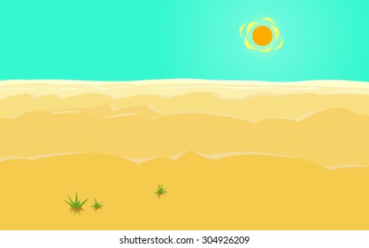 The hard desert sun. The sea of the desert. Vector illustration of gigantic dunes in the desert, with a huge sun and a big sky in the background. Concept. Postcard. Poster. Background.