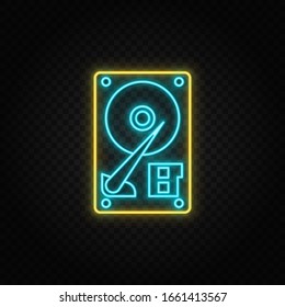 Hard disk. Blue and yellow neon vector icon. Transparent background