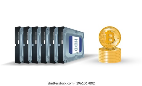 Hard disk with coins of cryptocurrency bitcoin on a white background. Mining on HDD, ssd. The concept of mining currency Burst. Blockchain. Realistic 3d vector