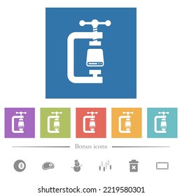 Hard disk compression solid flat white icons in square backgrounds. 6 bonus icons included.