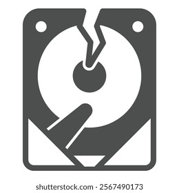 Hard disk drive breakdown solid icon, hacker attacks concept. Vector graphics. Data loss, crack on storage sign on white background, glyph style icon for mobile or web design