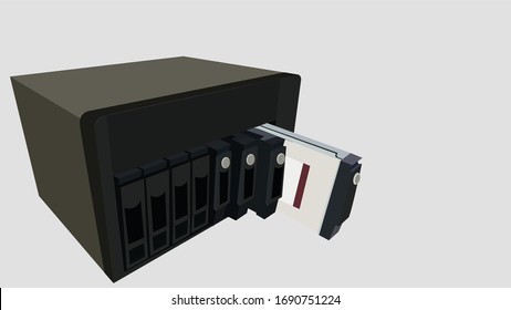 Hard disk drive data recovery in server rack flat vector illustration