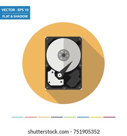 Hard disk drive flat icon with long shadow. Vector Illustration.