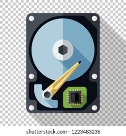 Hard disk drive or HDD icon in flat style with long shadow on transparent background