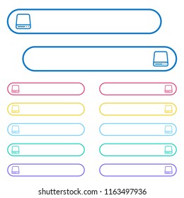 Hard disk drive icons in rounded color menu buttons. Left and right side icon variations.